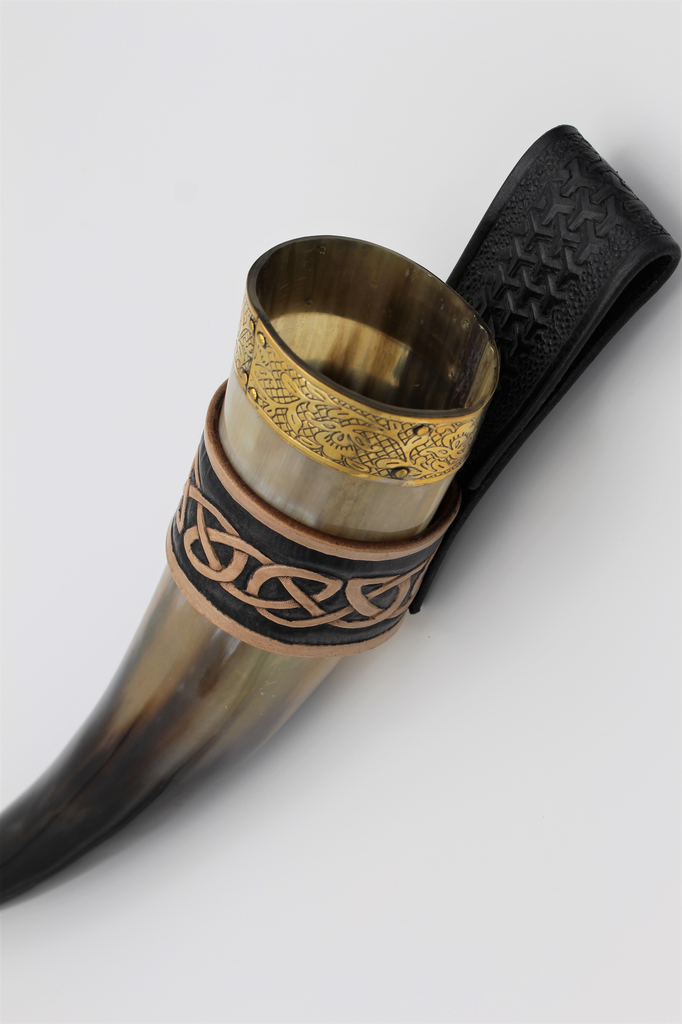 Brass Adorned Medieval Drinking Horn with Holster